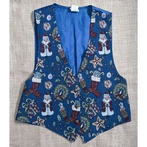 Vintage Blue Ugly Christmas Tapestry Vest M L Kitsch Tacky Whimsical Holiday